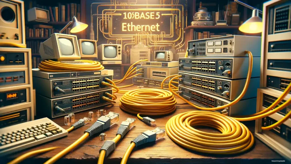 Conceptual representation of the 10Base5 Ethernet implementation. It reflects the early adoption of Ethernet technology, highlighting the historical computing environment and the characteristic thick coaxial cables of 10Base5.