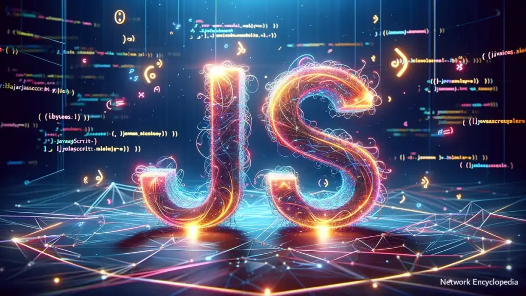 JavaScript: representation of the dynamic and essential role of javascript in web development, surrounded by symbols that represent web technology against a futuristic backdrop.