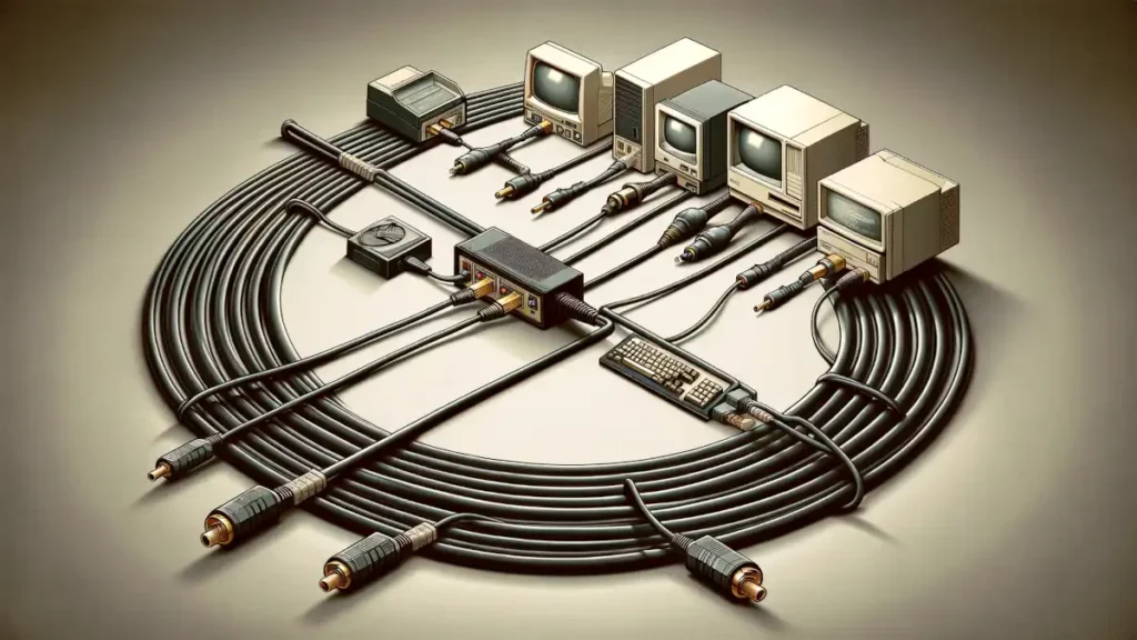 Bus Topology network: conceptual image incorporating elements from the vintage 1980s and 1990s networking era.