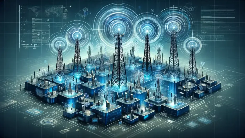 Cell in Wireless Communication - The image, with its network of interconnected cell towers and overlapping coverage areas, effectively captures the essence of cellular network connectivity. he varying sizes of the towers and the visual elements of connectivity convey the dynamic and sophisticated nature of wireless communication.