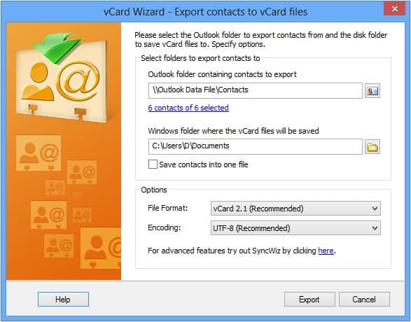 vCard - Exporting contacts from Outlook to vCard file