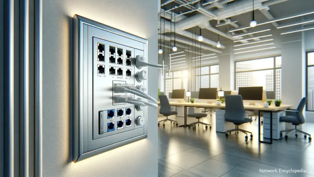 Wall Plate: a modern office setting with a detailed view of a network wall plate equipped with various connectors, emphasizing the blend of aesthetic appeal and functionality in modern network infrastructure setups.