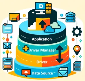 The four layers of Open Database Connectivity (ODBC): Application, Driver Manager, Driver, and Data Source.