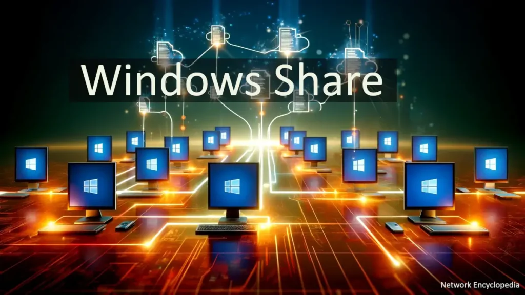 Windows Share: the image visually represents the concept of sharing in a Windows network environment, with a network of computers connected by glowing lines, symbolizing the sharing of files and resources.