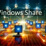 Windows Share: the image visually represents the concept of sharing in a Windows network environment, with a network of computers connected by glowing lines, symbolizing the sharing of files and resources.