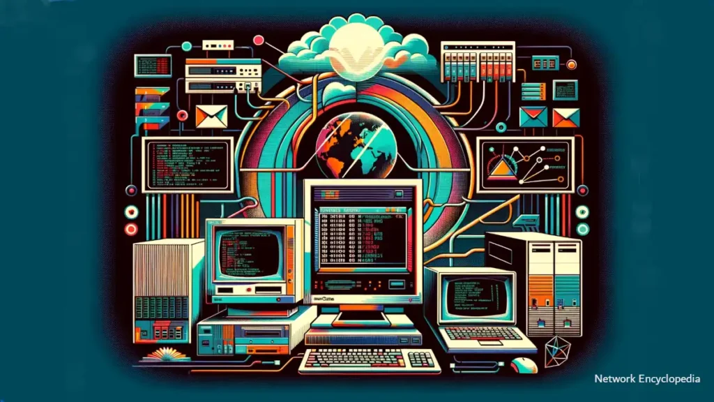 Novell NetWare Operating System: This illustration features vintage computing and networking elements, highlighting the pioneering spirit of Novell NetWare in the early days of network operating systems.