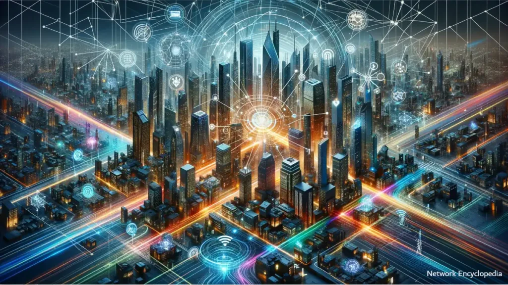 Metropolitan Area Network (MAN) in an urban setting: the essence of connectivity and technological advancement facilitated by MANs, illustrating a high-tech cityscape interwoven with digital networks.