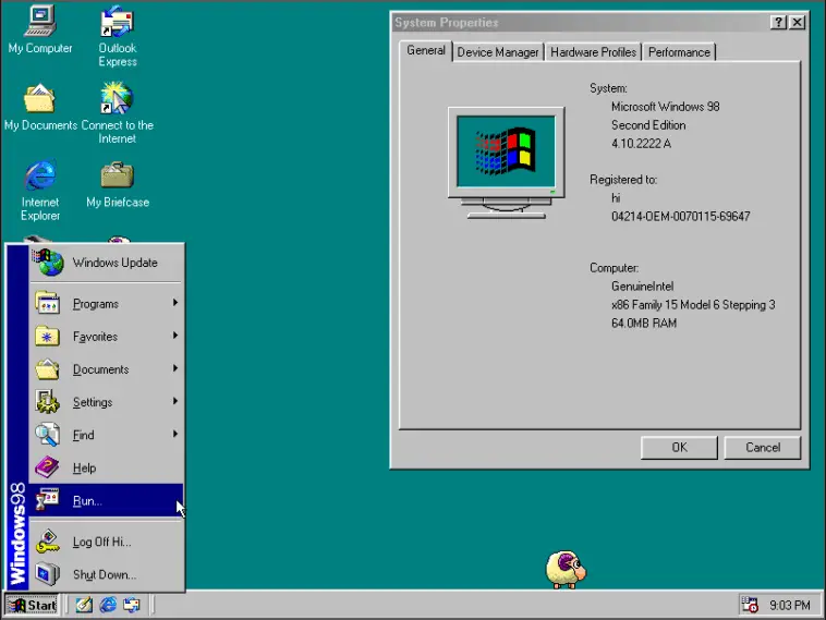 Windows 98 desktop and System Properties window