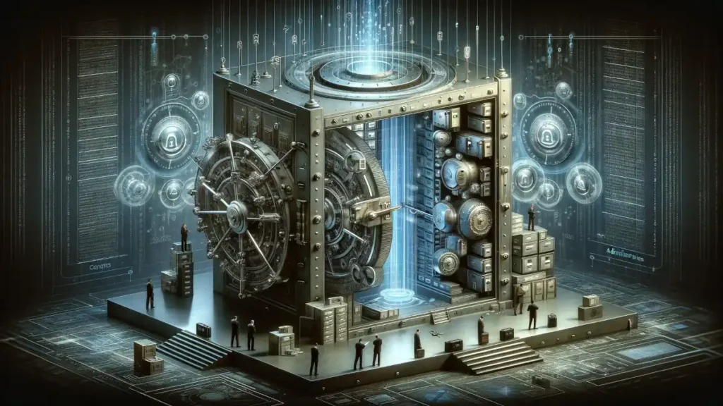File Ownership in NTFS. The image represents the concept of file ownership, with a secure vault symbolizing the security and control aspects, and figures representing administrators, all set against a backdrop of digital networks and binary code.