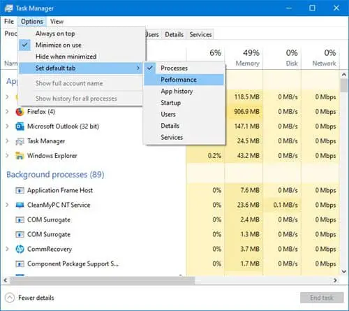 Task Manager on Windows 10 - Set default tab