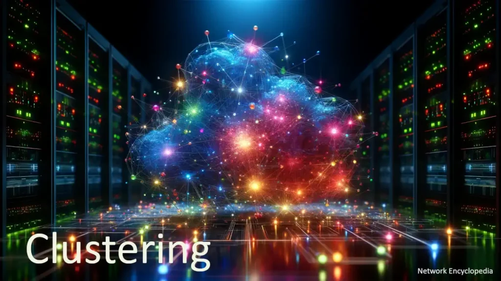 Clustering: the vibrant and colorful visualization captures the dynamic and interconnected nature of network clusters in a high-tech server room environment.