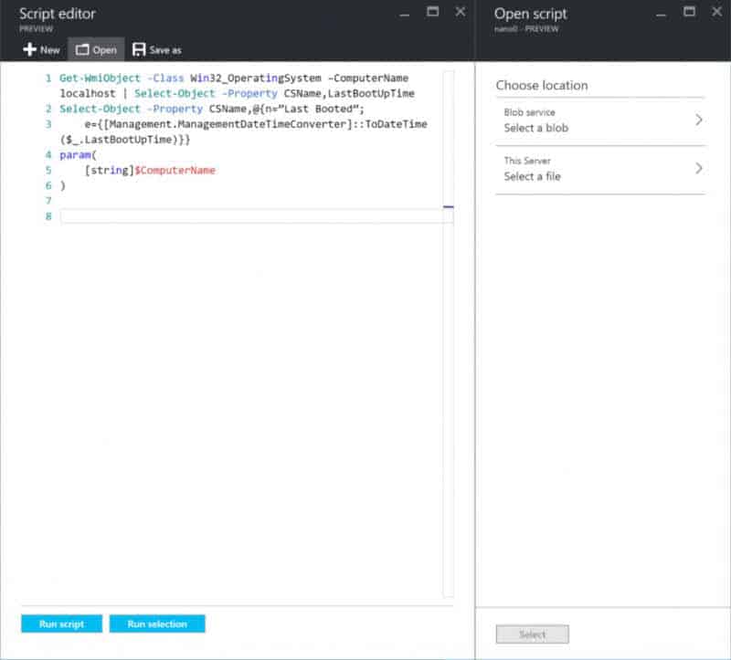 The Windows PowerShell script editor in SMT connecting to Blob Storage