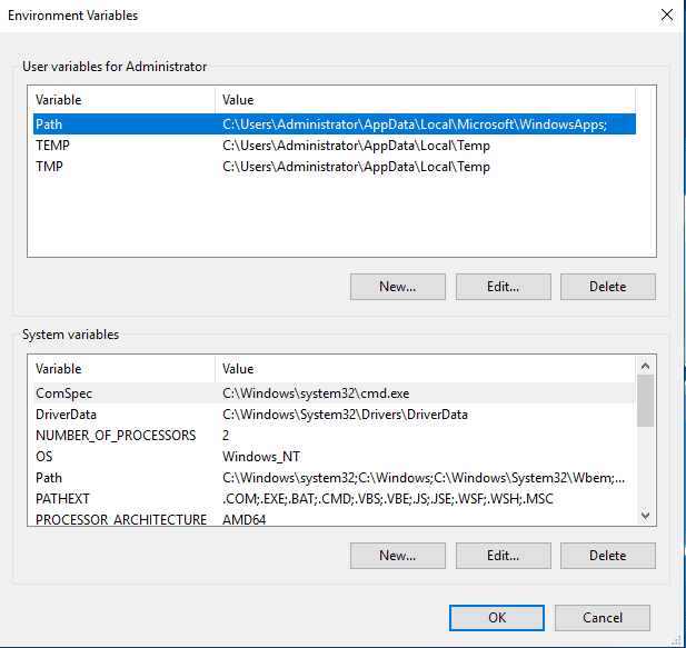 Environment Variables Dialog Box (Windows Server 2019)