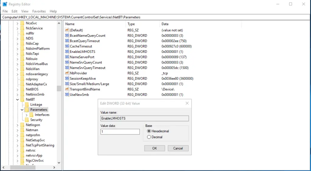 Enabling LMHOSTS in Wndows Registry. EnableLMHOSTS=1