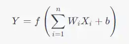 The weighted sum is passed through an activation function f to produce the output Y -> Y=f(i=1∑n​Wi​Xi​+b)