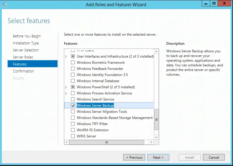add roles and features: Windows Server Backup