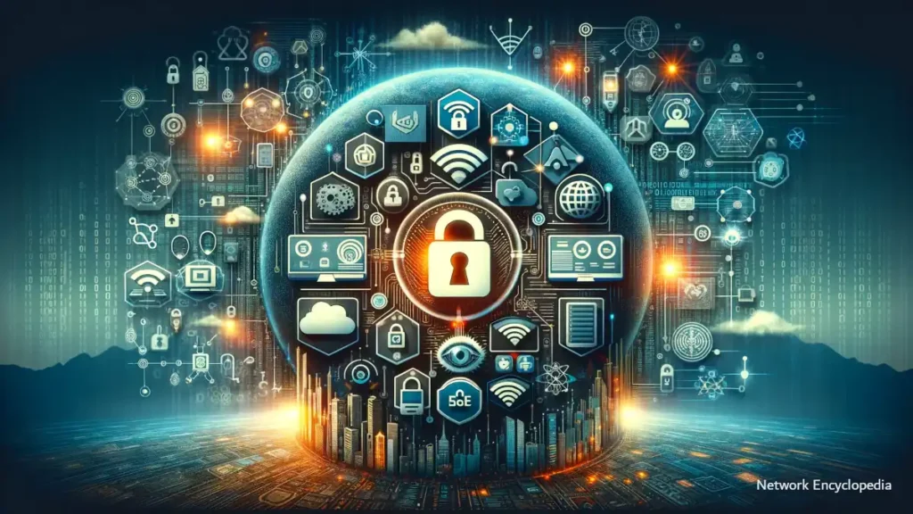 EAP Protocol: a blend of symbols representing wireless networks, VPNs, IoT, and 5G technologies, alongside elements like padlocks and digital certificates, it visually conveys EAP's pivotal role in facilitating secure network access across diverse technological landscapes.