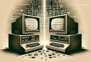The historic moment when the first ARPANET message, "LOGIN," was attempted but resulted in a system crash, successfully transmitting only "LO" to the receiver. Featuring two vintage computers or terminals to represent the sender at UCLA and the receiver at SRI, the design effectively illustrates the message transmission and the partial failure that became a significant milestone in the history of digital communication.