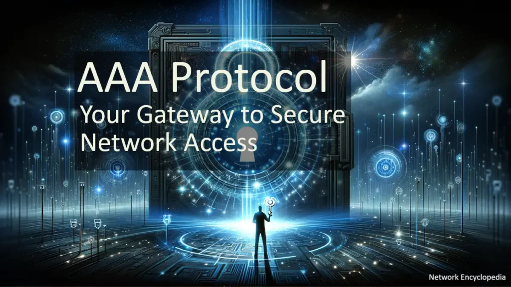 AAA Protocol: this dynamic illustration features a large, futuristic gateway with digital locks and keys, with a network administrator unlocking it in a cyber-themed landscape.