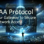 AAA Protocol: this dynamic illustration features a large, futuristic gateway with digital locks and keys, with a network administrator unlocking it in a cyber-themed landscape.