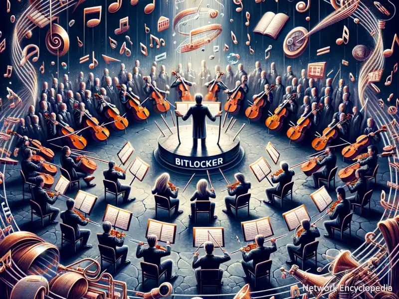 BitLocker as Part of a Broader Security Symphony: This image visualizes BitLocker and other security tools as instruments in an orchestra, with BitLocker conducting the harmonious protection of digital data.