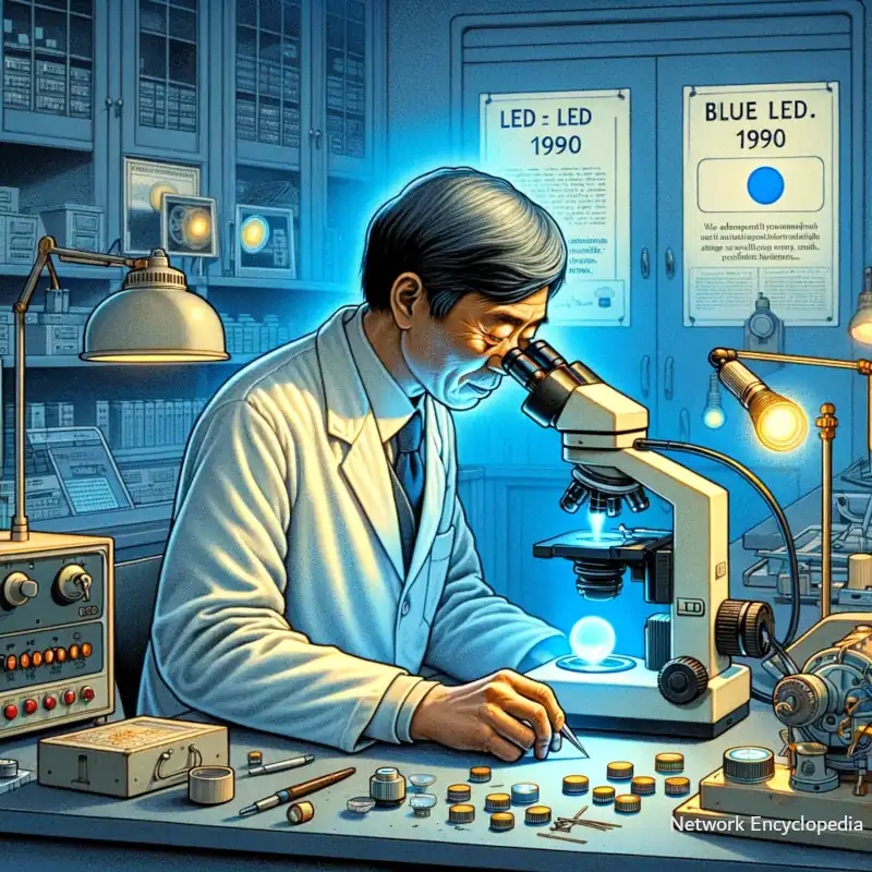 A historical illustration commemorating the invention of blue LEDs by Shuji Nakamura in 1990, depicted in a 1990s laboratory setting.