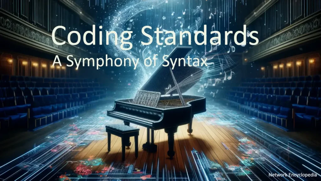 Coding Standards: A Symphony of Syntax - this image creatively merges the concepts of classical music and coding, featuring a piano made of digital code in a hybrid setting of a concert hall and tech office.