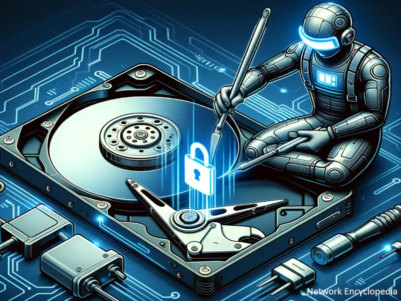 Encrypting a Drive with BitLocker: The illustration depicts a digital craftsman encrypting a hard drive, emphasizing the detailed and secure encryption process of BitLocker.