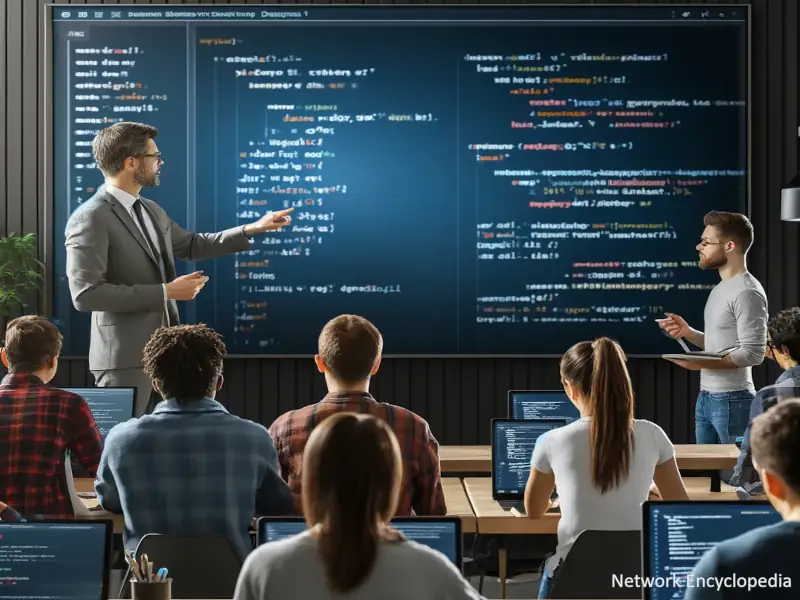 Teaching Coding Standards: This scene depicts a professor teaching coding standards to junior web developers in a modern classroom, emphasizing an interactive learning approach.