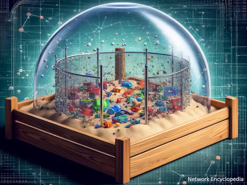 Containing the Mess: this image represents a physical sandbox on a playground with toys (code and digital elements) contained within a transparent dome, illustrating how a digital sandbox manages and contains disruptive code.