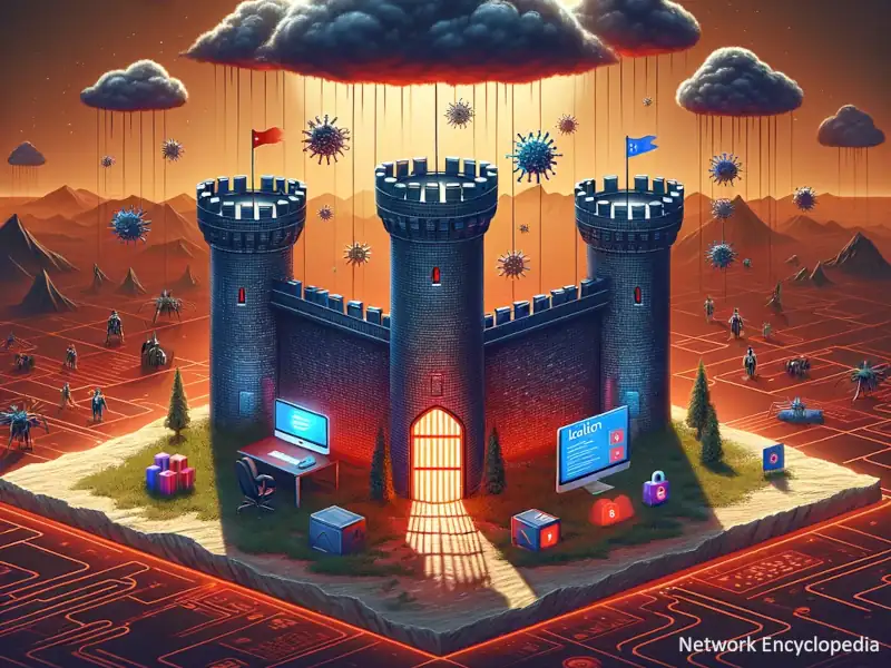 Isolation Techniques: this artwork displays a digital fortress symbolizing a sandbox environment, highlighting the security and isolation provided against external threats.