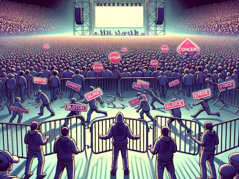 DDoS Attack Illustration: This scene captures a person with hundreds of accomplices blocking every entrance to a concert, demonstrating the coordinated effort to disrupt service.