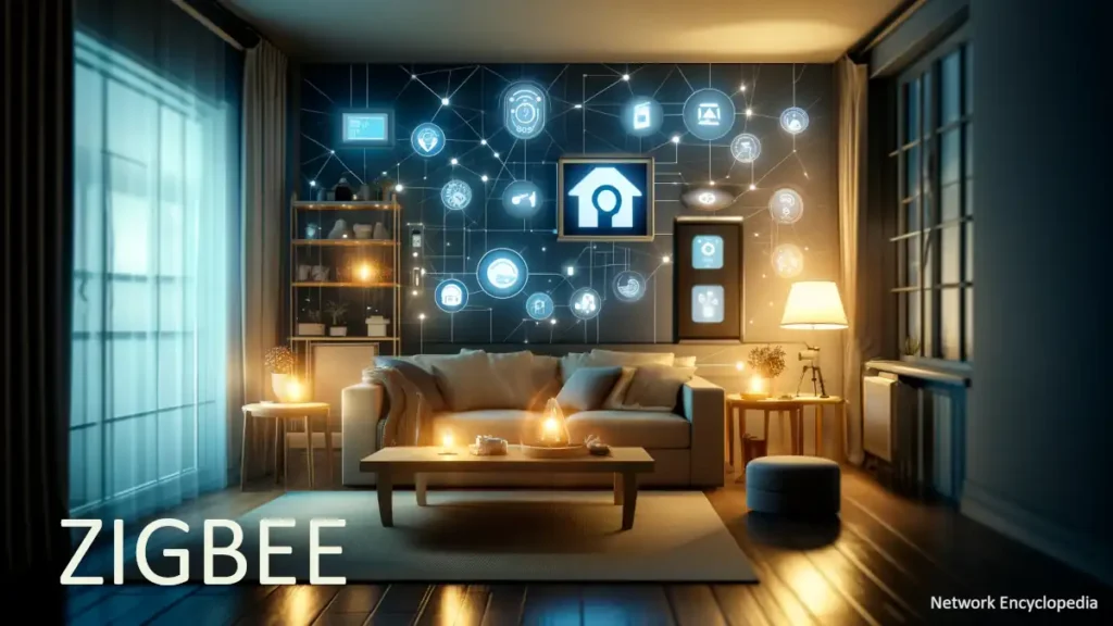 Zigbee: a cozy living room during the evening, emphasizing a serene and technology-integrated lifestyle.