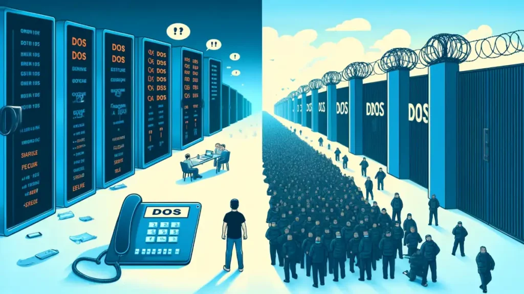 Differences Between DoS and DDoS Attacks: One side shows the single individual with multiple phones, and the other side shows a large crowd blocking concert gates, illustrating the scale and collaborative nature of DDoS attacks compared to DoS.