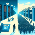 Differences Between DoS and DDoS Attacks: One side shows the single individual with multiple phones, and the other side shows a large crowd blocking concert gates, illustrating the scale and collaborative nature of DDoS attacks compared to DoS.