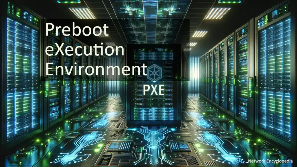Preboot eXecution Environment or PXE: a high-tech server room with glowing neon lights and digital data streams, ideal for setting the theme of cutting-edge IT solutions.