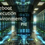 Preboot eXecution Environment or PXE: a high-tech server room with glowing neon lights and digital data streams, ideal for setting the theme of cutting-edge IT solutions.