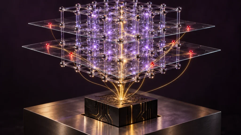 Glass lattice with red error markers linked by golden strands to a black processor below.