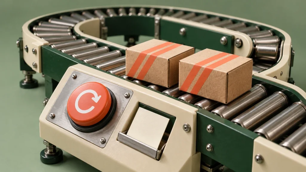 Two matching cardboard parcels on a miniature conveyor beside an orange retry button.