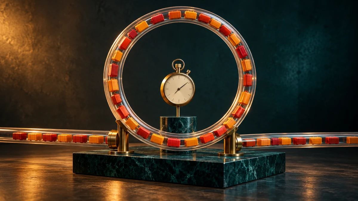 Transparent circular tube filled with orange and red capsules surrounding a brass stopwatch.