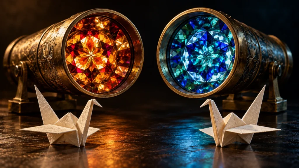 Two matching paper cranes in front of brass kaleidoscopes showing contrasting amber and blue patterns.