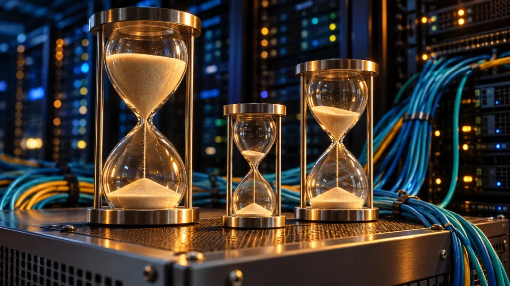 Three glass hourglasses with different amounts of sand remaining, surrounded by network cables and server racks.