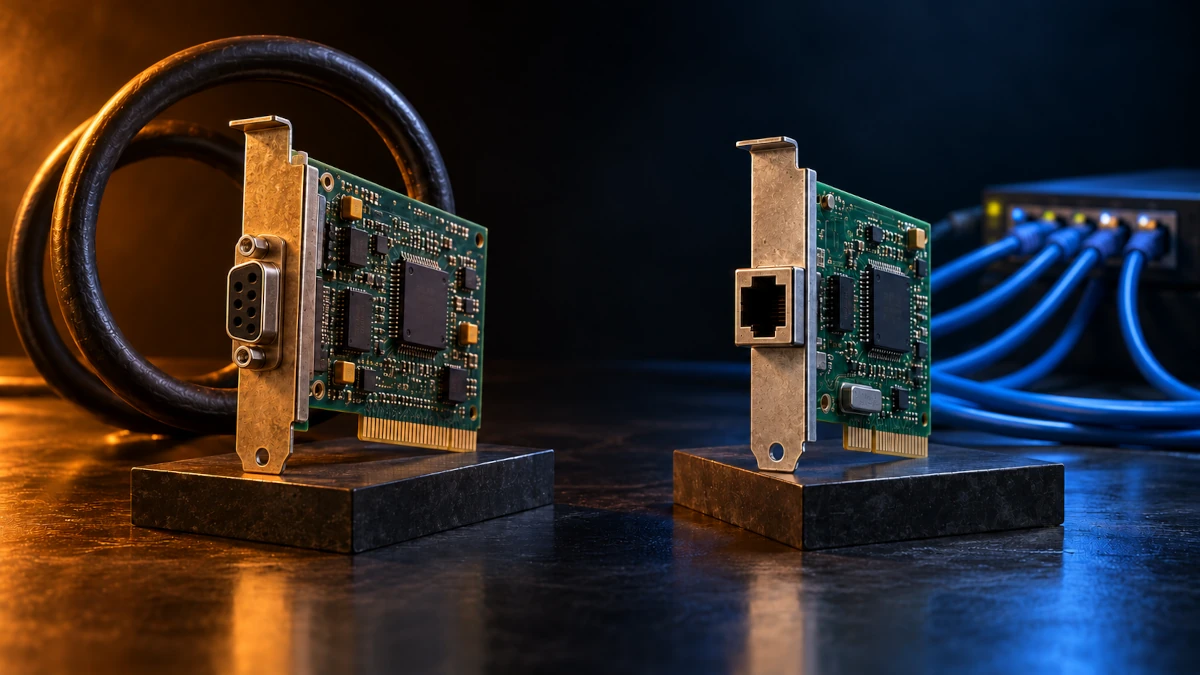 Two vintage-style network cards on dark plinths, with a looped cable in amber light and Ethernet cables in blue light.