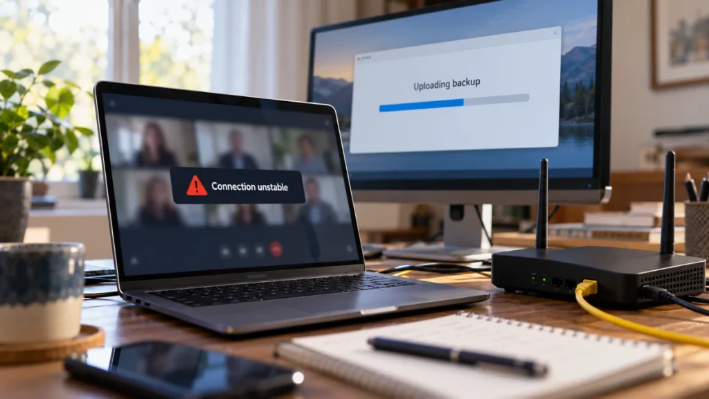 Laptop showing an unstable video call beside a monitor uploading a backup and a router connected by Ethernet.