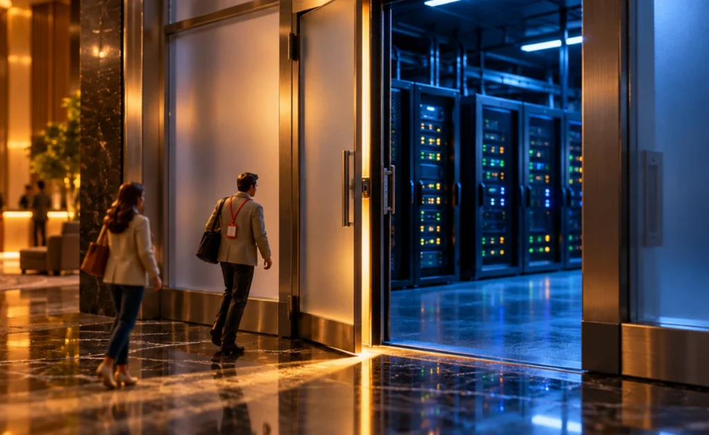 Miniature visitors approaching an open door between a warmly lit reception area and a blue-lit server room.