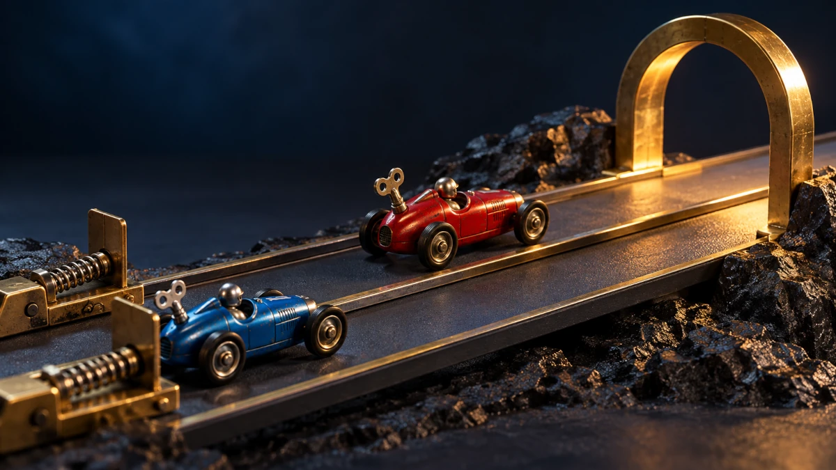 Blue and red wind-up racing cars on parallel tracks leading toward a brass arch, with the red car farther ahead.