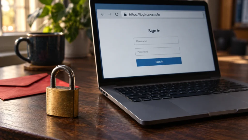 Brass padlock beside a laptop displaying a fictional HTTPS login page and a red envelope on a wooden desk.