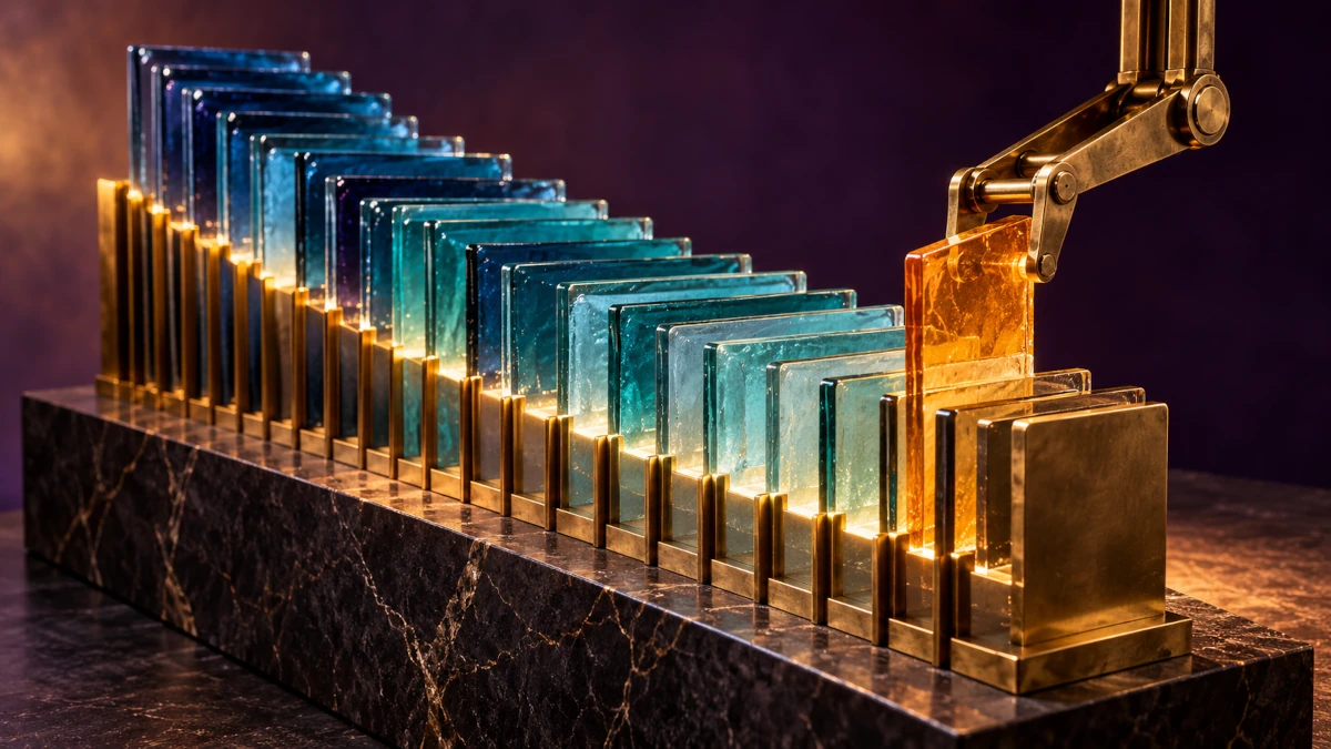 Brass gripper adding an amber glass plate to an ordered archive of blue and teal plates on a dark stone base.