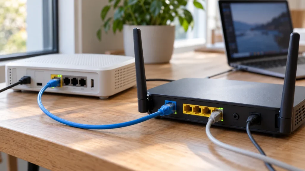 ISP gateway connected to a second router by a blue Ethernet cable.