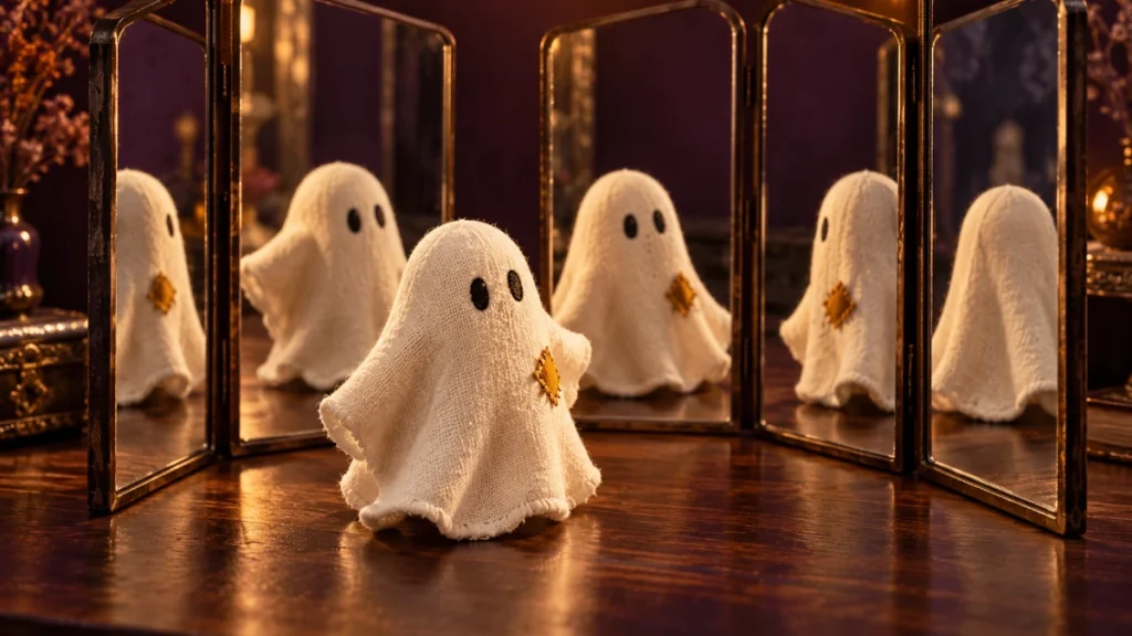 A small handmade cloth ghost with an amber patch reflected in several bronze-framed mirrors.